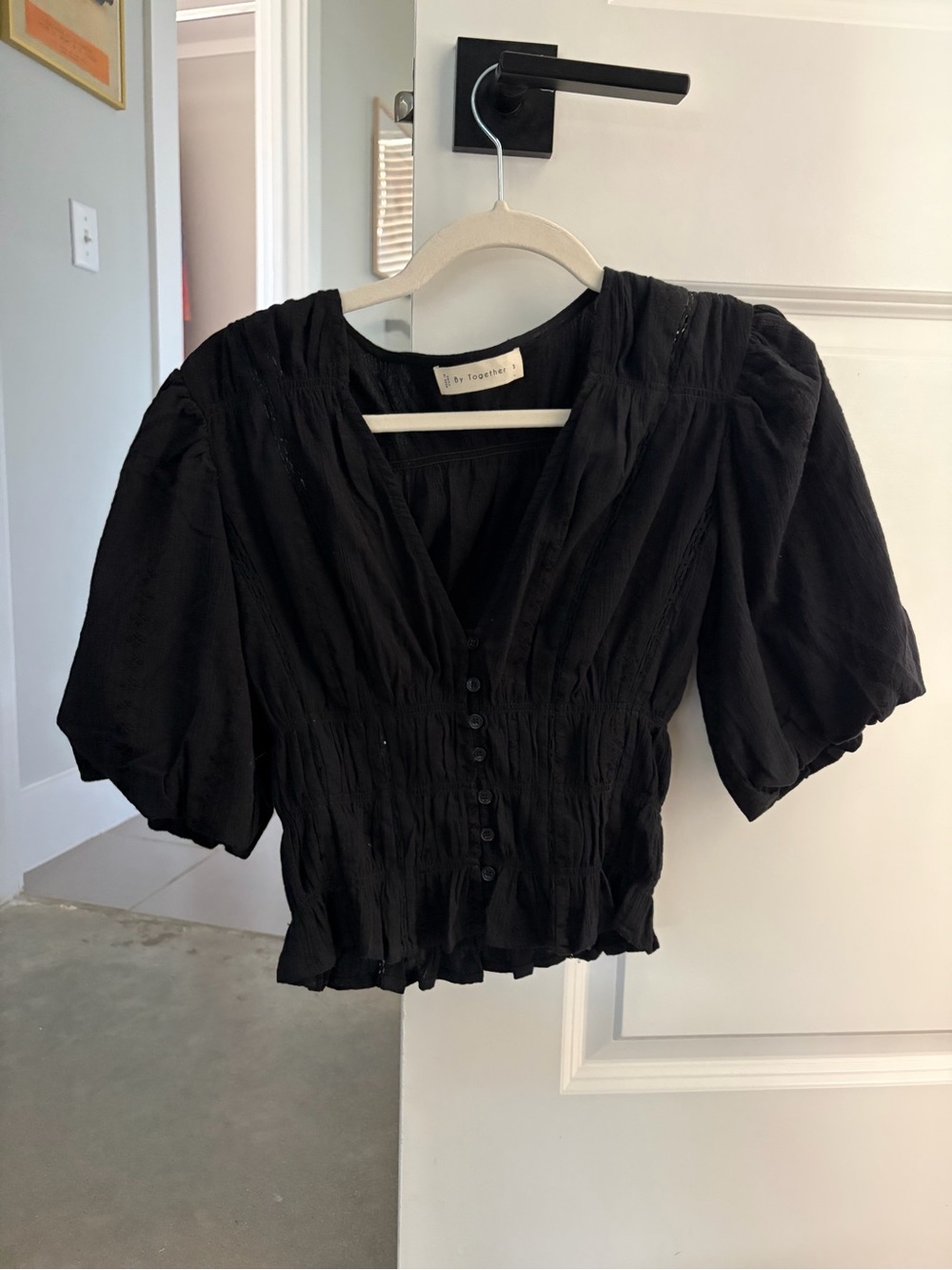By Together Black Puff-Sleeve Button-Front Blouse